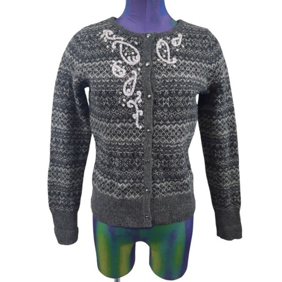 EDDIE BAUER Faur Isle Cardigan Sweater Women Size Gray Lamb's Wool Blend - Picture 1 of 10